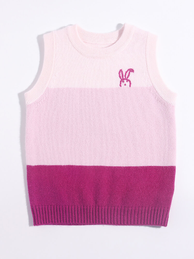 (image for) Girls Pink Gradient Colorblock Bunny Embroidered Cashmere Vest